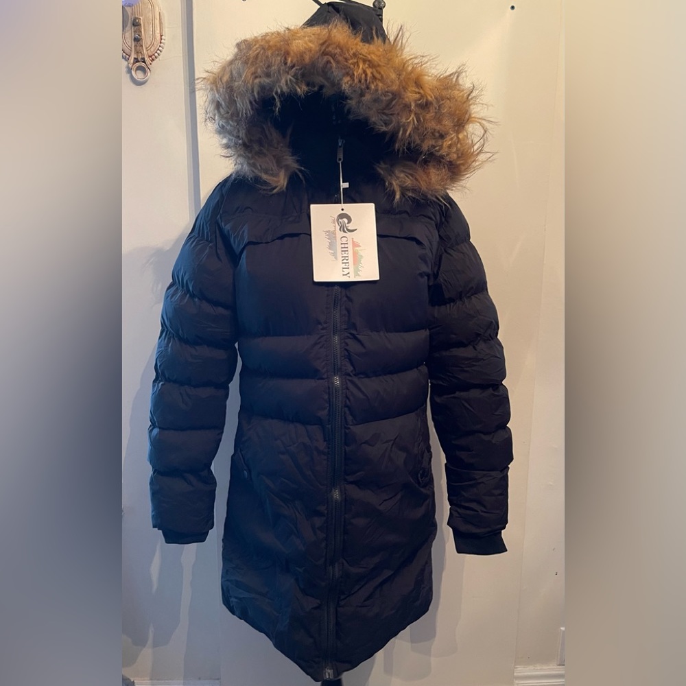 Cherfly Black Vegan Mid Length Coat Size Large
